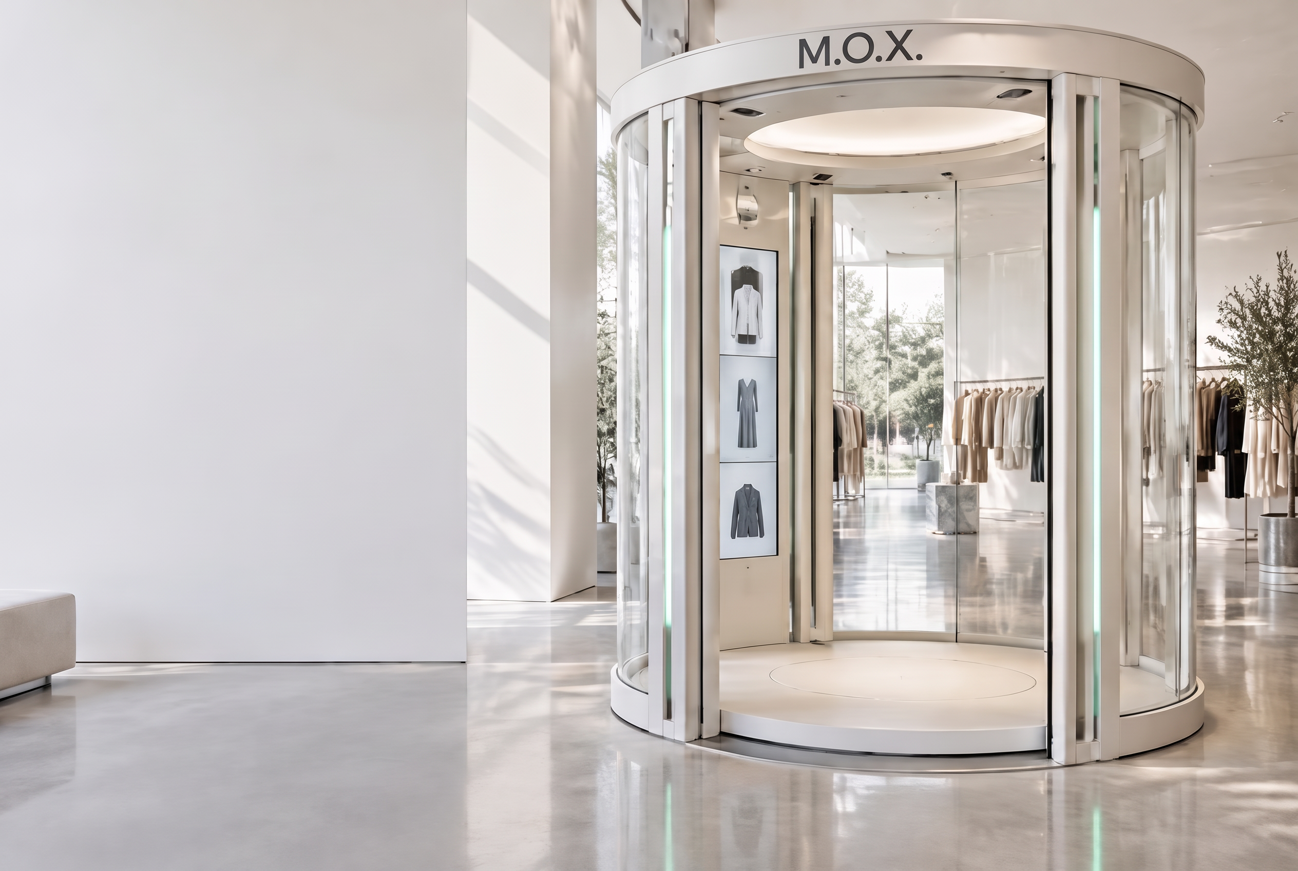M.O.X. branded indoor cabin in a bright contemporary boutique