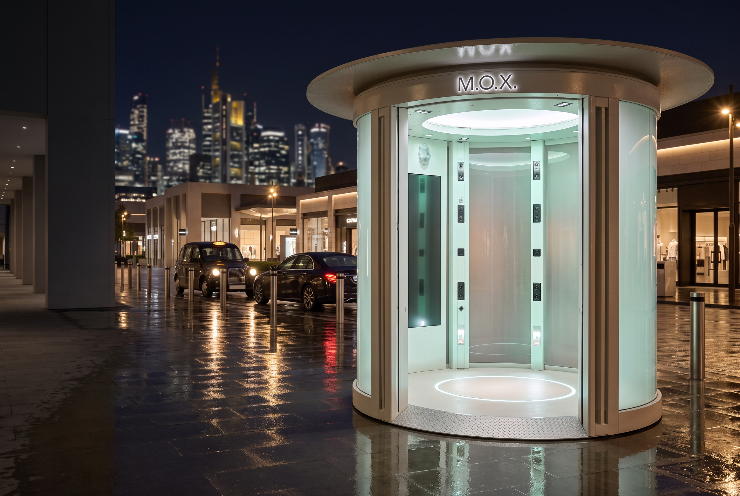 M.O.X. outdoor cabin at night with illuminated scanners, city lights and rain-wet pavement